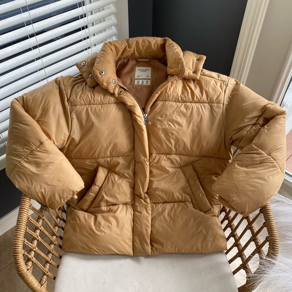 Abercrombie & Fitch Tan Caramel Brown Beige Puffer Jacket Hooded Winter Coat XS - Picture 2 of 16